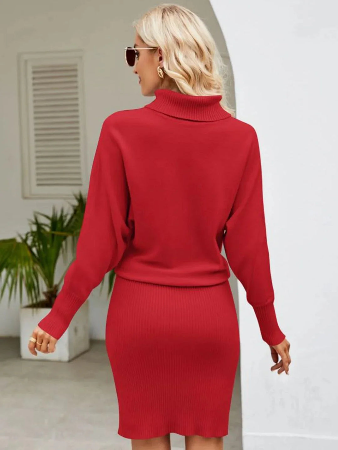 Ribbed knit turtleneck midi dress in Avika with a sleek and stylish design, perfect for cooler weather occasions.