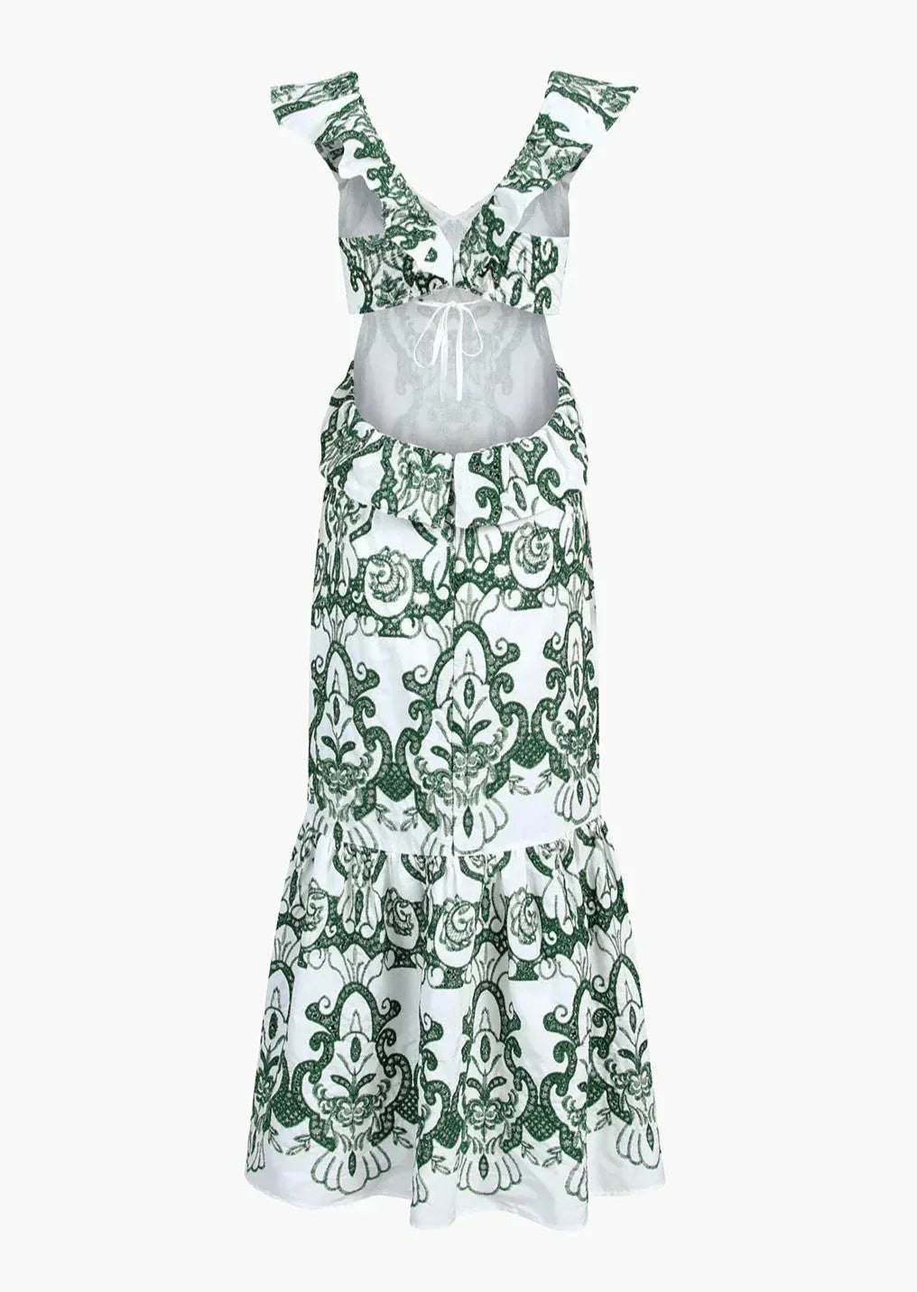 White and green ruffled maxi dress by Jaelani, showcasing a chic design with flowing silhouette and elegant color contrast.