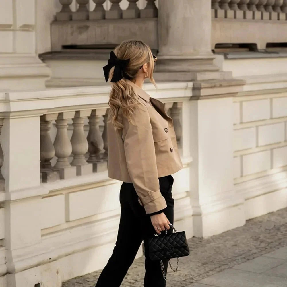 Tayanna double-breasted cropped jacket in a versatile design, perfect for year-round wear.