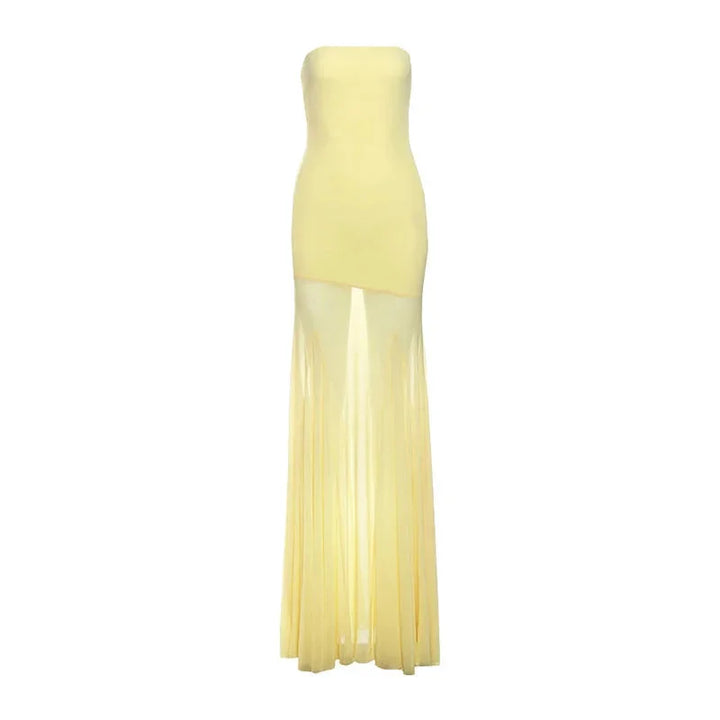 "Strapless maxi dress in yellow-to-beige ombre color gradient, perfect for summer events, made from lightweight and flowing…