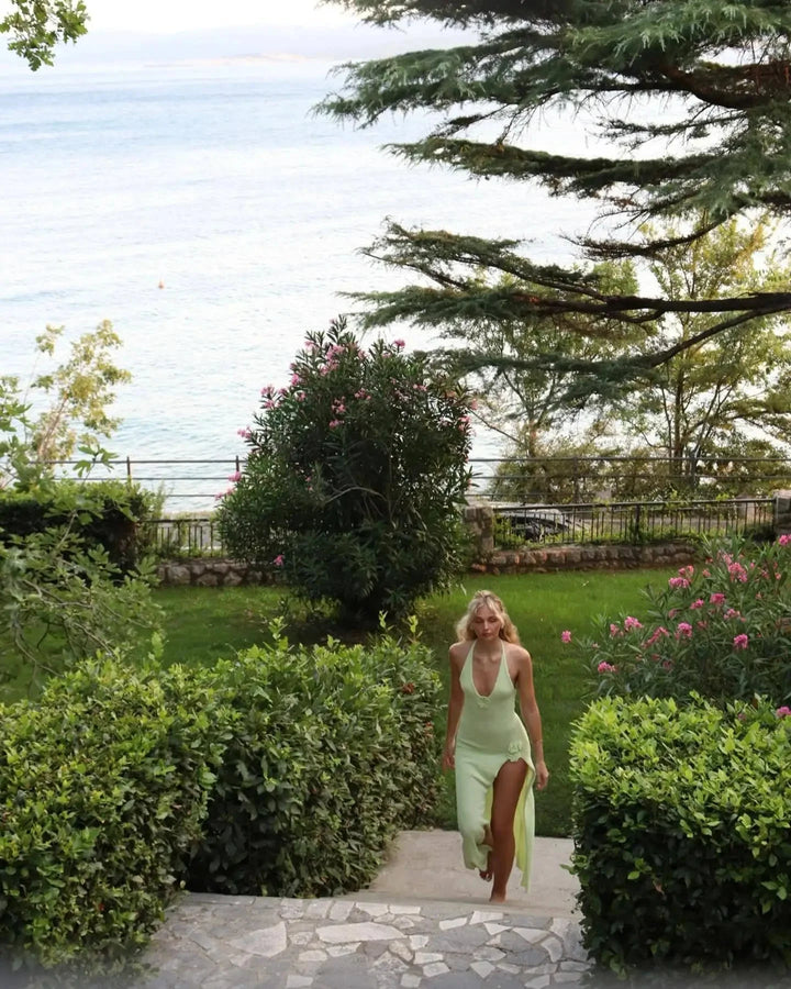 "James halter neck maxi dress in navy with floral appliqué, perfect for summer outings and special occasions."