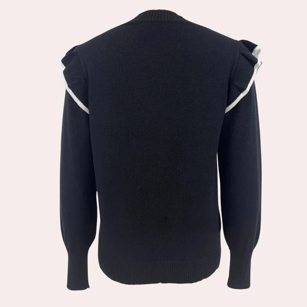 "Brea sweater in gray with ruffle trims, crewneck style, and knit fabric, front view."