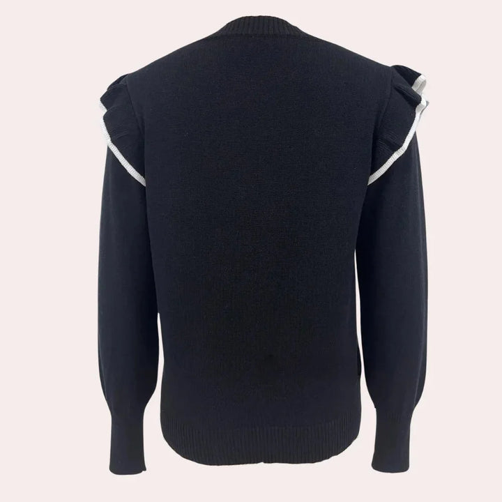 "Brea sweater in gray with ruffle trims, crewneck style, and knit fabric, front view."