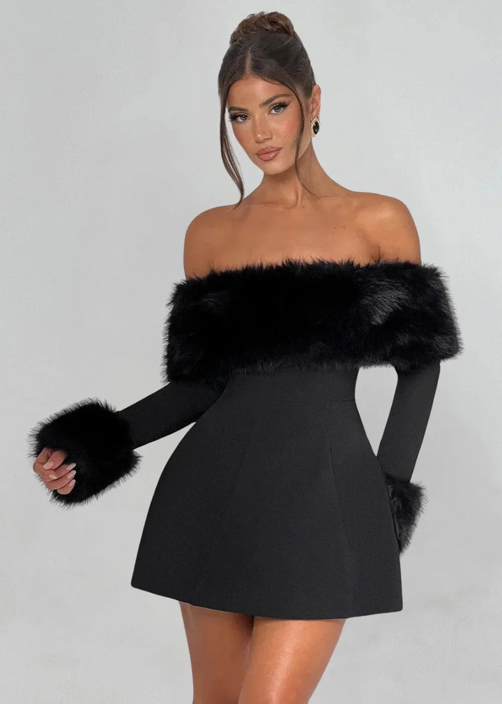"Black off-shoulder mini dress with fur accents, showcasing elegant design perfect for special occasions"