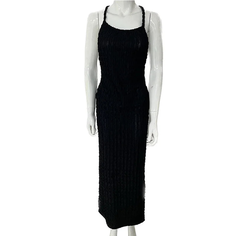 "Black lace maxi dress with body-hugging design for women, featuring intricate lace detailing - Samara collection."