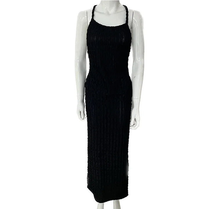 "Black lace maxi dress with body-hugging design for women, featuring intricate lace detailing - Samara collection."