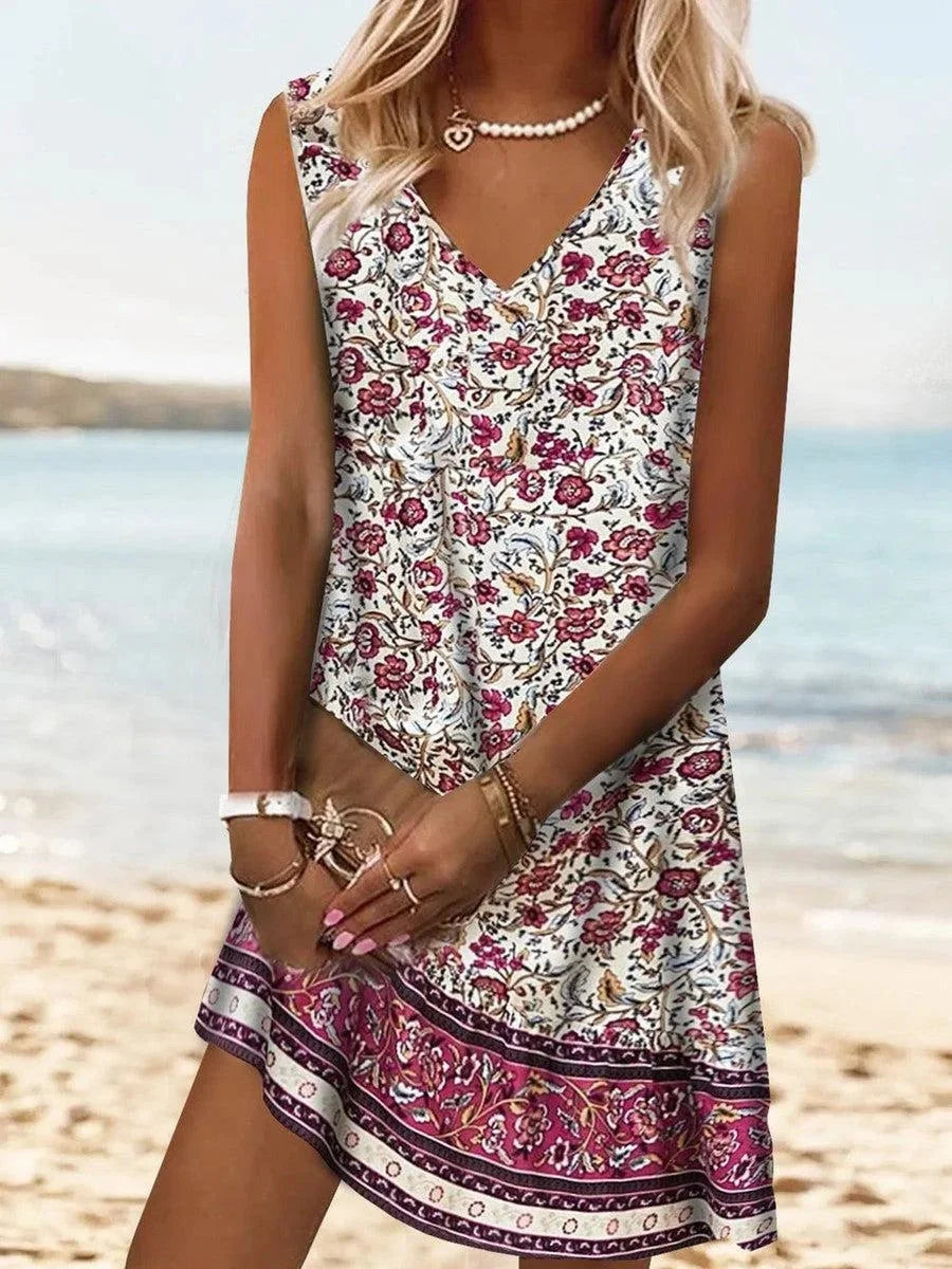 "Brynnlee sleeveless V-neck top featuring vibrant floral print on lightweight fabric"