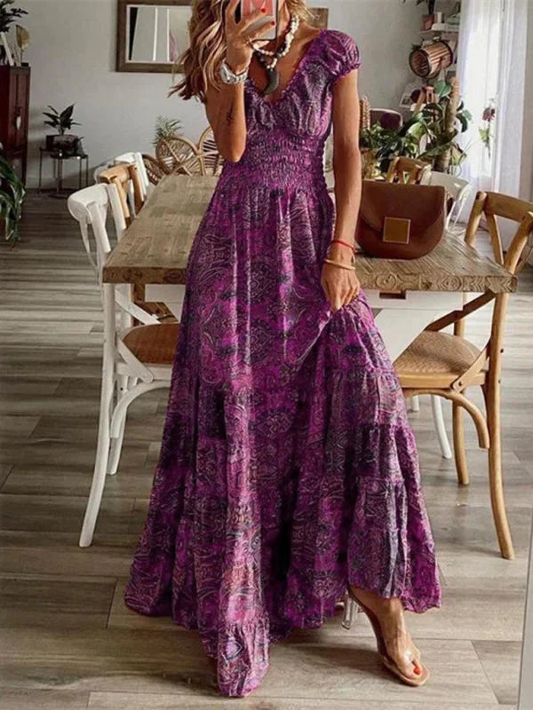 "Bohemian-inspired V-neck maxi dress in Purple with tiered design, perfect for effortless and stylish everyday wear."