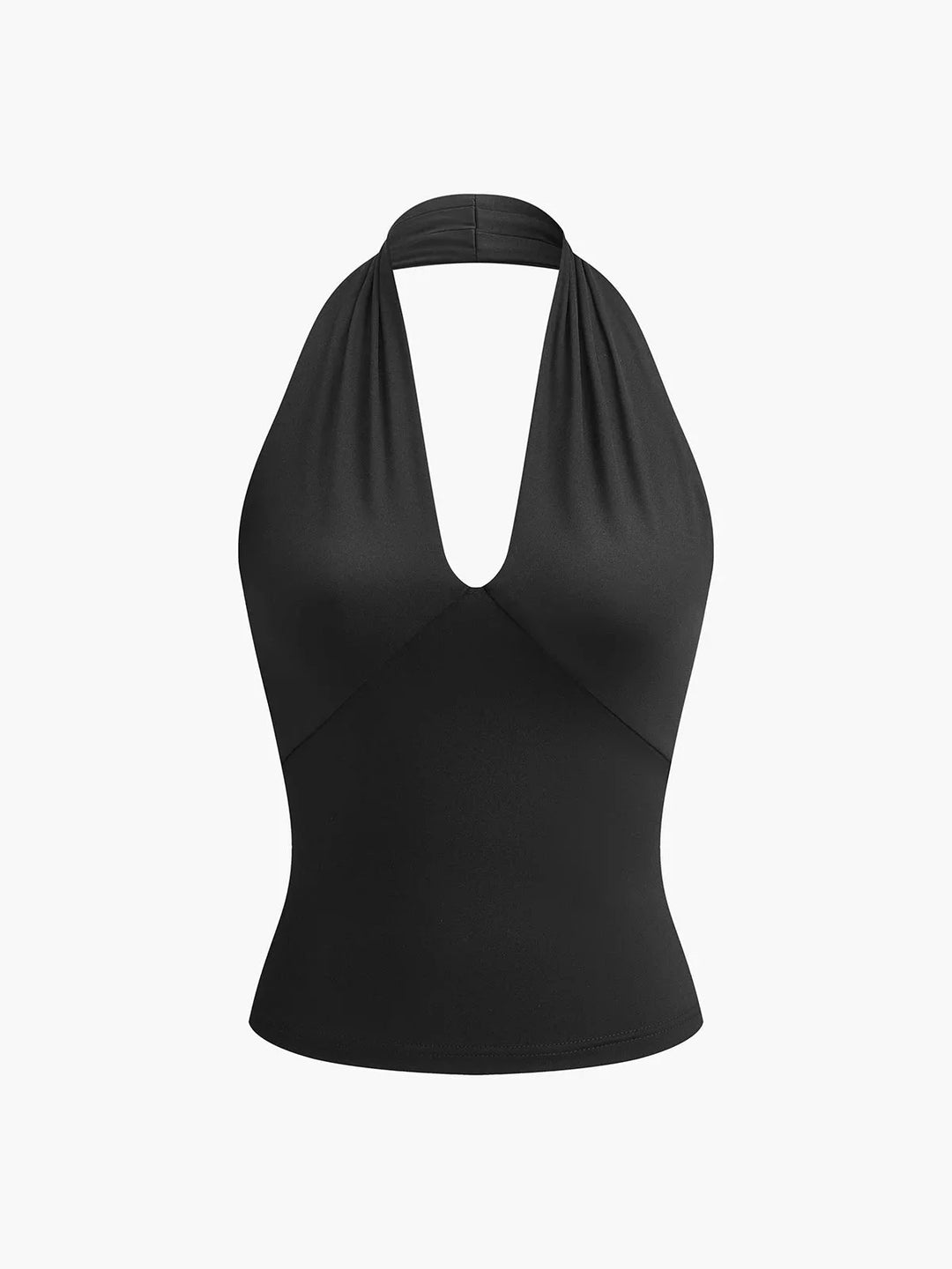 Black halter crossover top made from soft satin fabric, featuring a sleek and modern design.