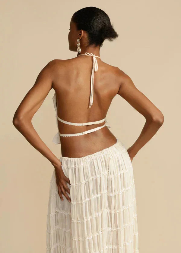 Ivory two-piece skirt set for women by Kylin, featuring ruffled design.
