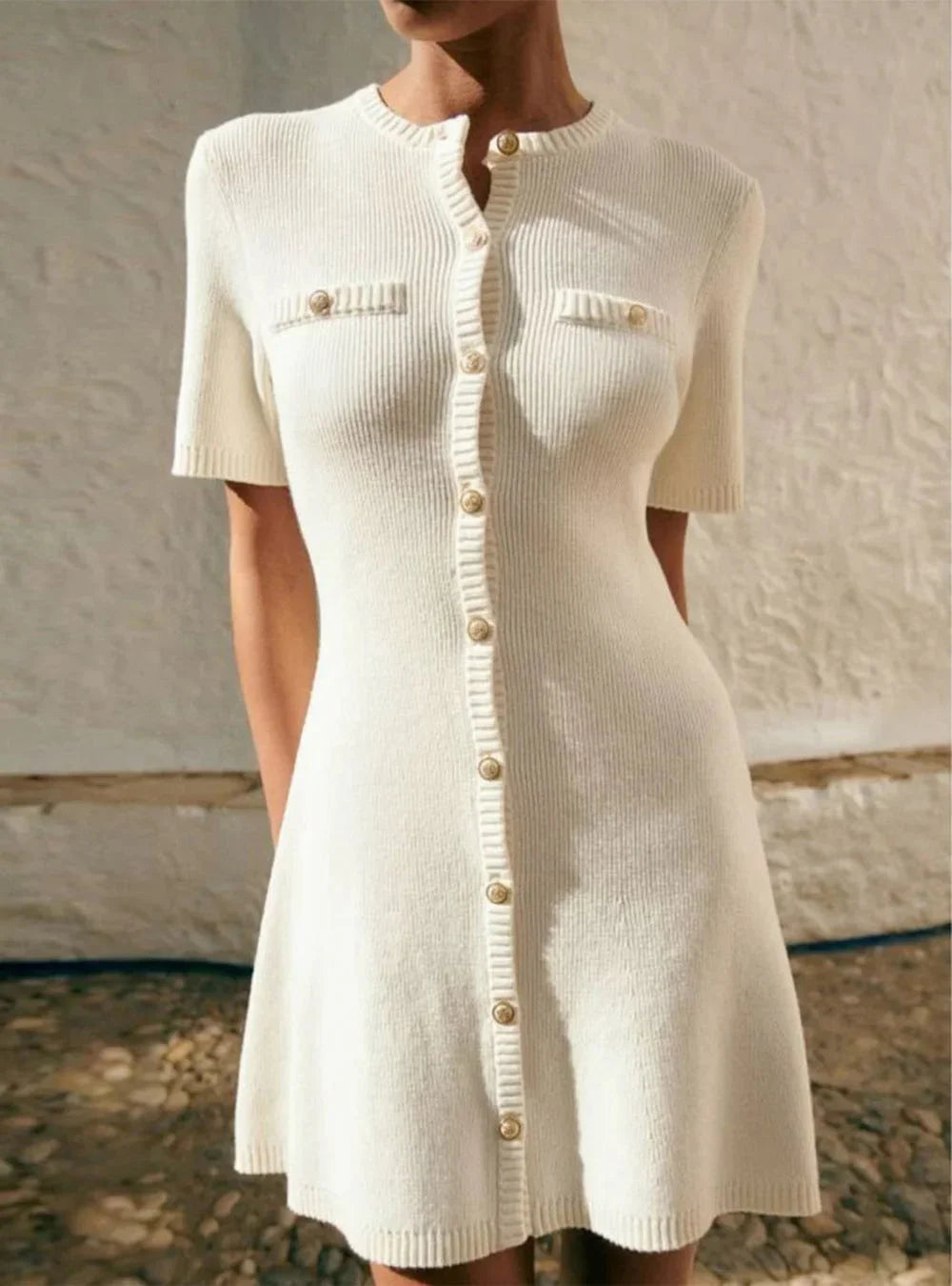 White ribbed mini dress with short sleeves, perfect for a casual day out.