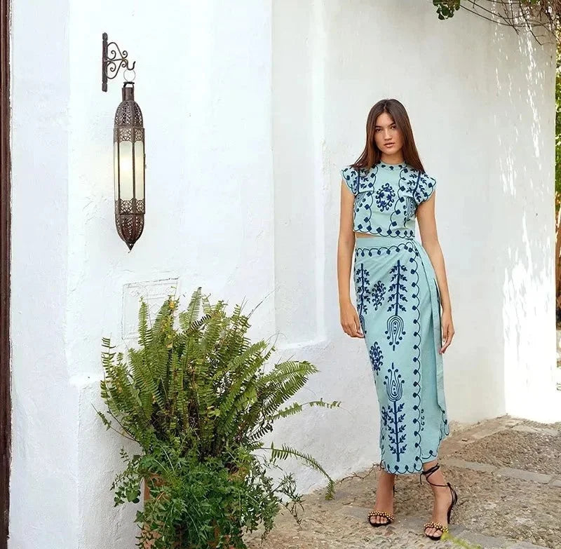 Light Blue Shams Sleeveless Top and Flowing Skirt with Elegant Embroidery Detail on the Top, Perfect for a Chic and Stylish…