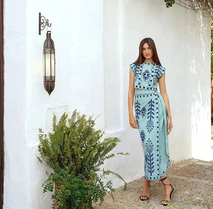 Light Blue Shams Sleeveless Top and Flowing Skirt with Elegant Embroidery Detail on the Top, Perfect for a Chic and Stylish…