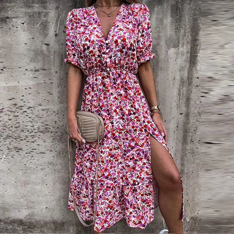 "Kasandra pink floral midi dress with wrap front design, perfect for a spring day outing, made with a soft and lightweight…