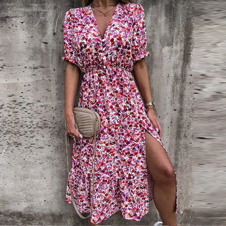 "Kasandra pink floral midi dress with wrap front design, perfect for a spring day outing, made with a soft and lightweight…