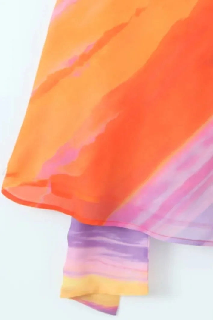 Alex - Sunset tones halter mini dress made of flowing fabric with a vibrant color gradient design, perfect for summer…