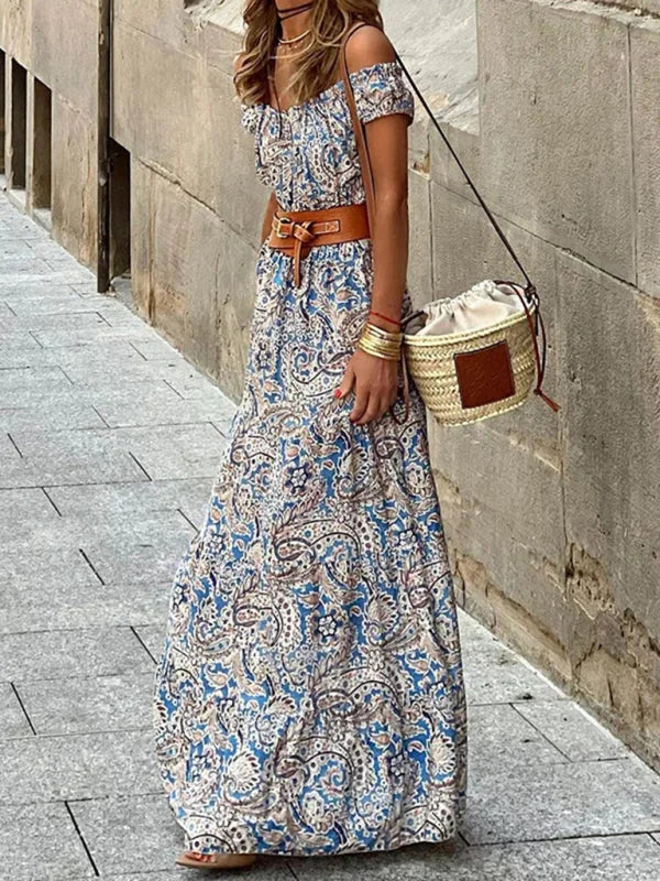 Off-shoulder paisley maxi dress by Cleo with flowing design. Made from soft, breathable fabric, perfect for casual or…