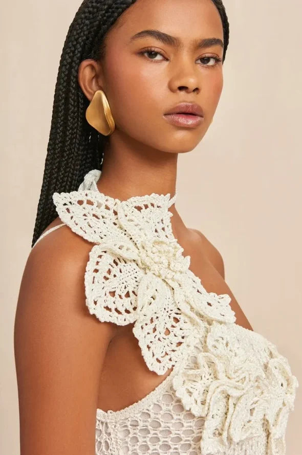 Off-shoulder white crochet dress with intricate detailing and flared sleeves by Rayla, perfect for a romantic summer look.