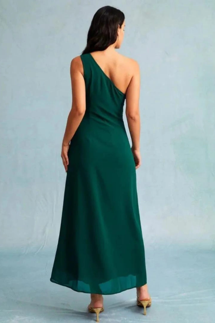 Dark green one-shoulder maxi dress by Sage, showcasing a sleek and sophisticated design perfect for formal occasions.