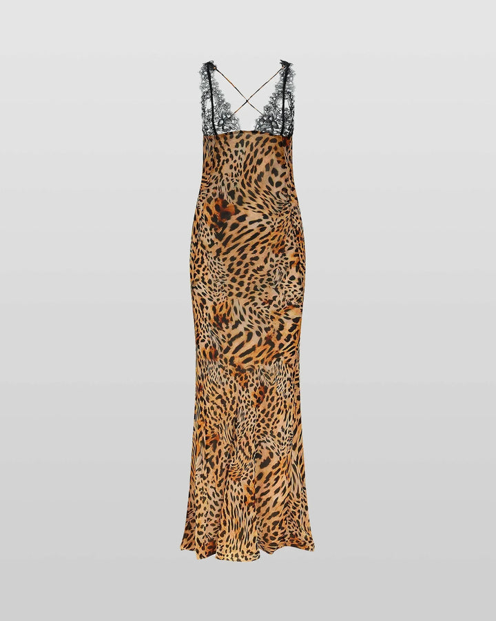 Macie - Plunge neck animal print maxi dress in lightweight chiffon fabric with a striking exotic pattern and deep neckline.