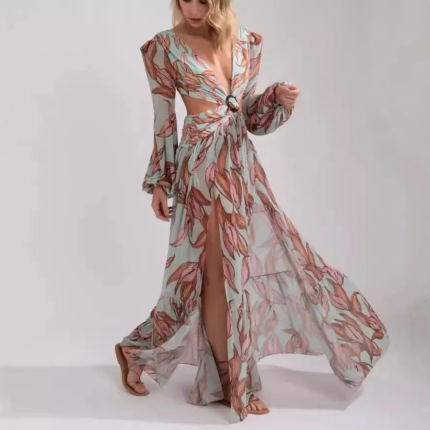 "Indica deep-V maxi dress in Print 2, featuring long sleeves and a flattering silhouette."