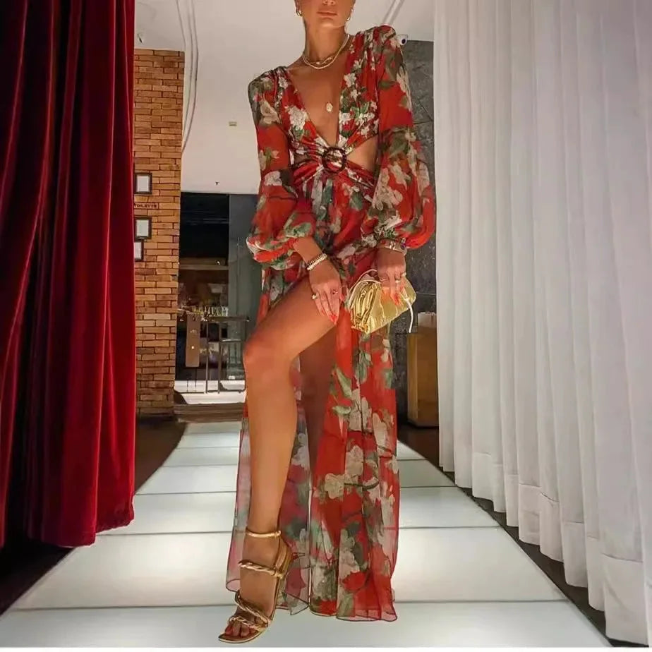 Indica deep-V maxi dress in Print 3 with long sleeves, abstract pattern, and flowing silhouette, perfect for casual events or…