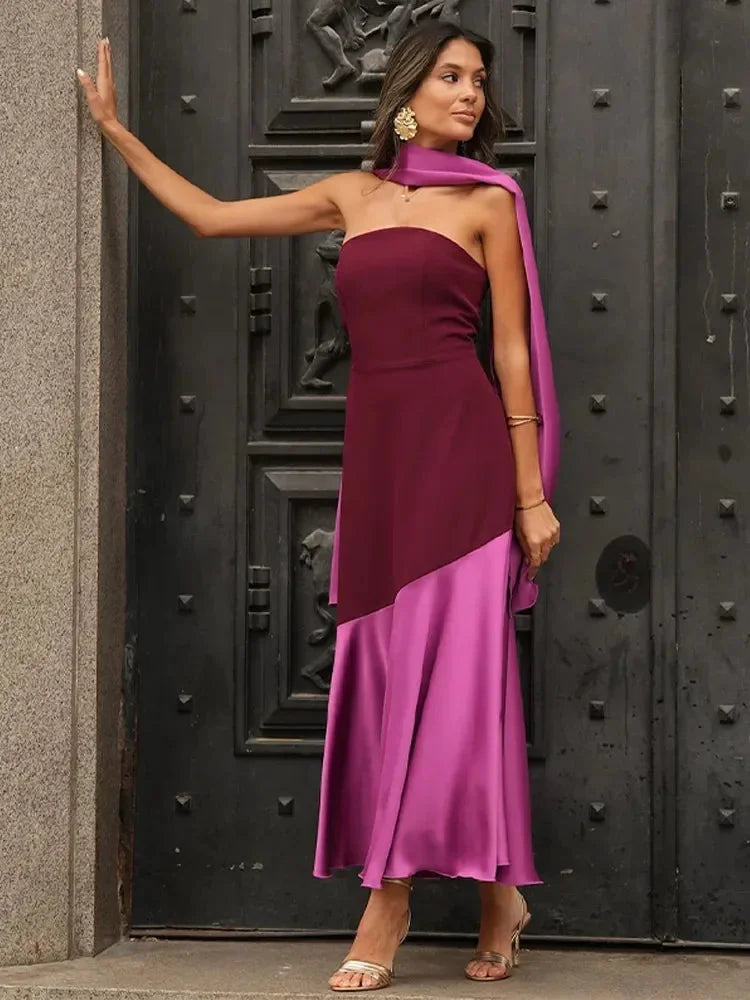 "Burgundy and pink asymmetric midi dress with a unique design, made of high-quality fabric, suitable for special occasions…