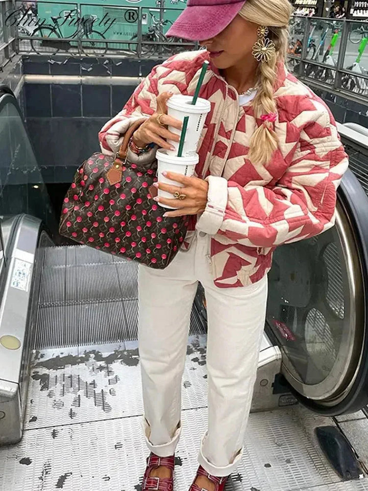 Pink Kadence quilted jacket for women, featuring stylish diamond pattern stitching and a cozy quilted design.