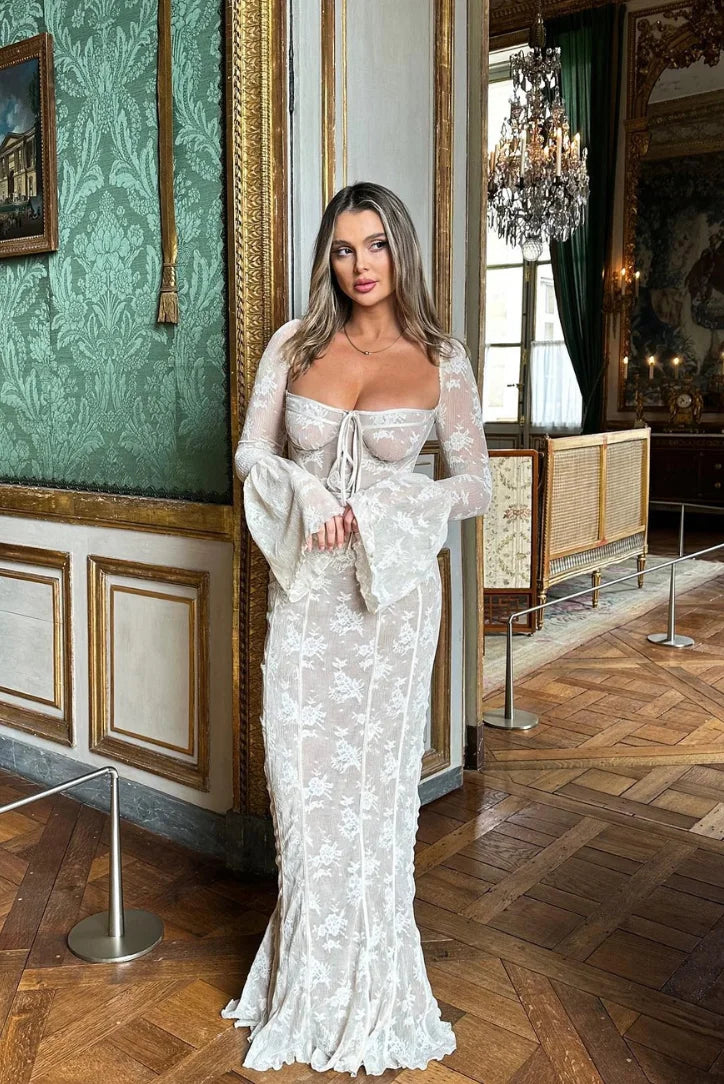 White lace off-shoulder dress for women by Mayleigh. Clings perfectly to body with feminine lace detail. Ideal for special…