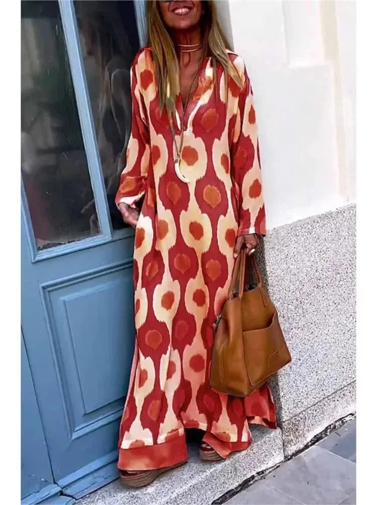 Red V-neck maxi dress in Zeppelin collection with long sleeves and comfy jersey fabric, perfect for casual or semi-formal…