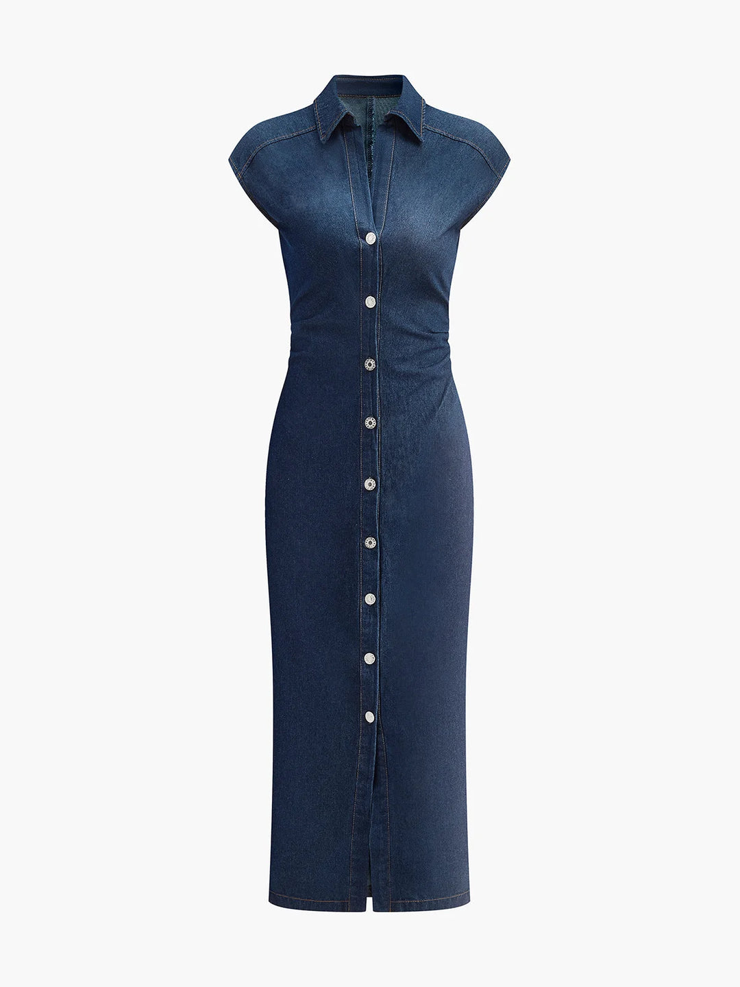 Sleeveless dark blue denim midi dress V-neck showcasing a timeless and casual design perfect for outings or gatherings.