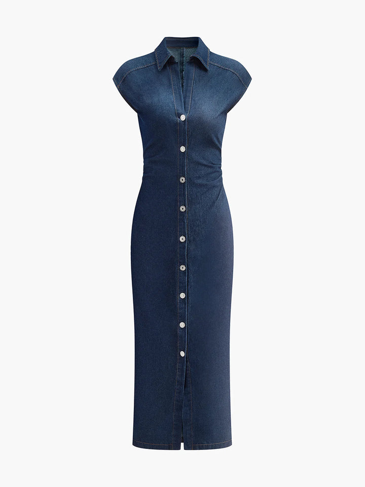 Sleeveless dark blue denim midi dress V-neck showcasing a timeless and casual design perfect for outings or gatherings.
