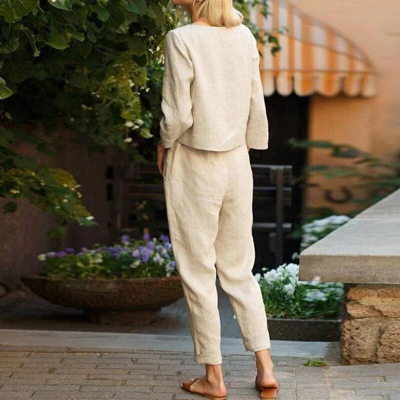 "Rylynn women's two-piece linen set in breezy design with relaxed fit, perfect for casual outings or lounging at home."