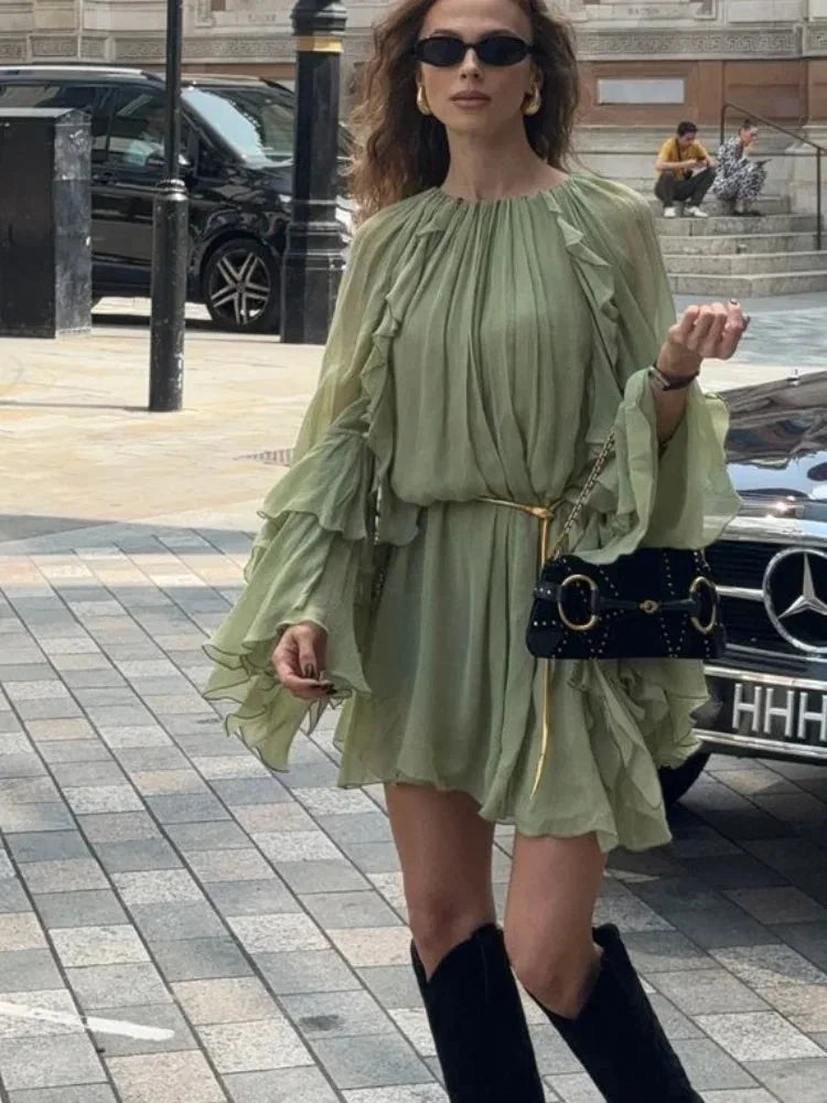 Ethereal Adelynne dress with layered ruffles, made of lightweight chiffon fabric, perfect for a romantic occasion or a casual…