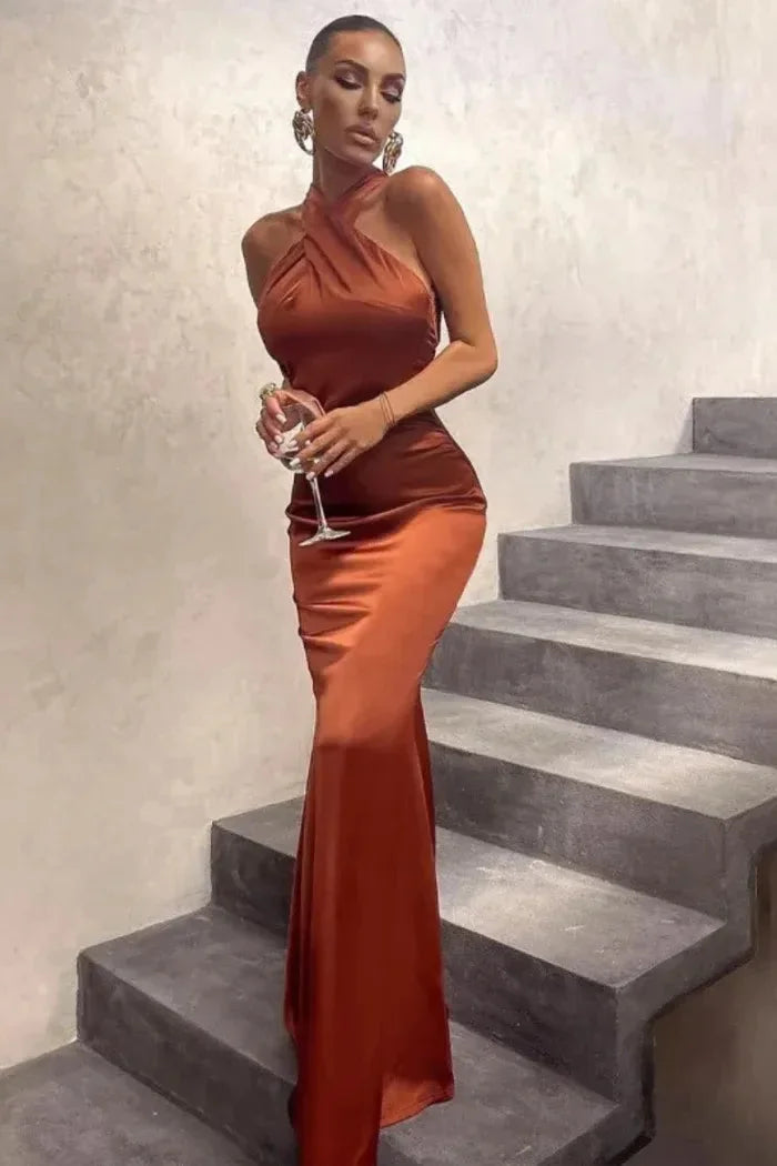 Brown Denisse maxi dress with sleek silhouette, featuring soft, stretchy fabric and a flattering design for a stylish and…