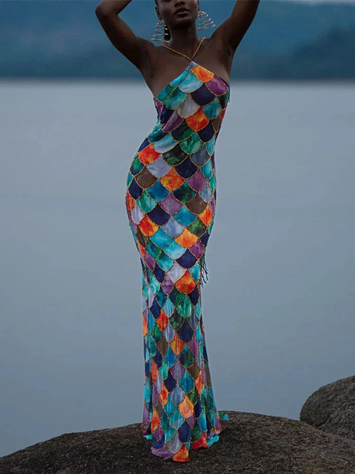 "Halter neck floor-length dress in multicolor design, perfect for summer events, made of lightweight and breathable fabric."