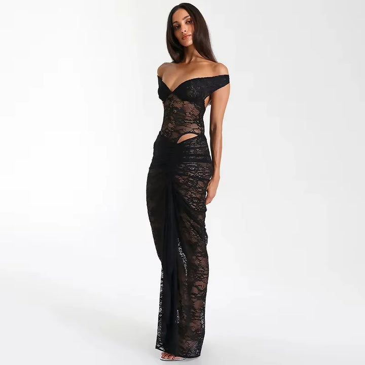 Off-shoulder maxi dress in radiant white with elegant lace accents, perfect for a summer evening out or special occasion.