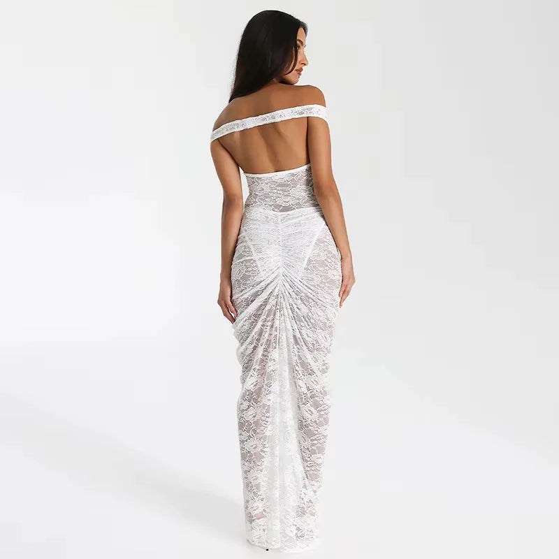 Off-shoulder maxi dress with lace details in a breathable fabric, perfect for a feminine and elegant look.