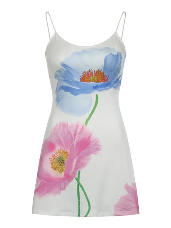 White mini dress featuring a bold floral design, perfect for summer outings.