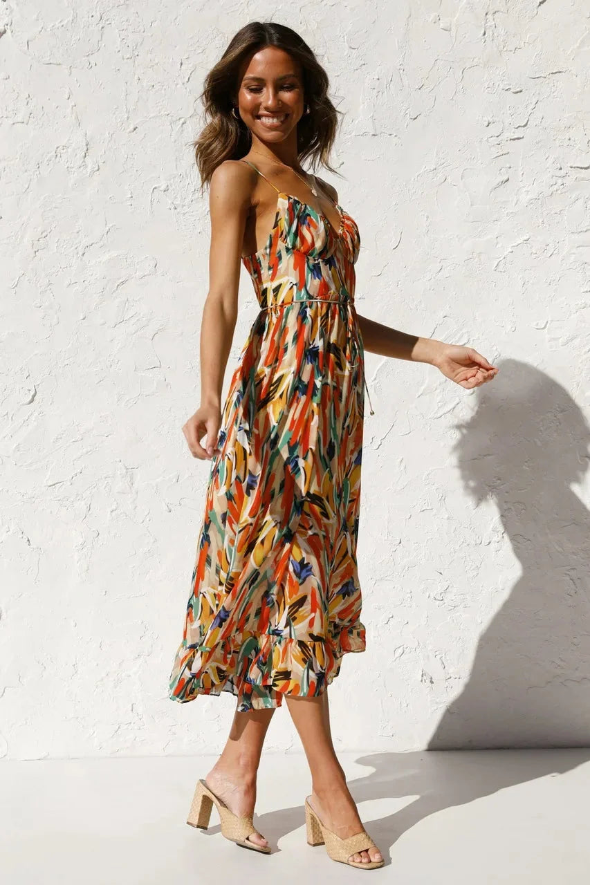 "Flowy maxi dress in vibrant print with a lightweight chiffon fabric, perfect for casual outings or beach days."