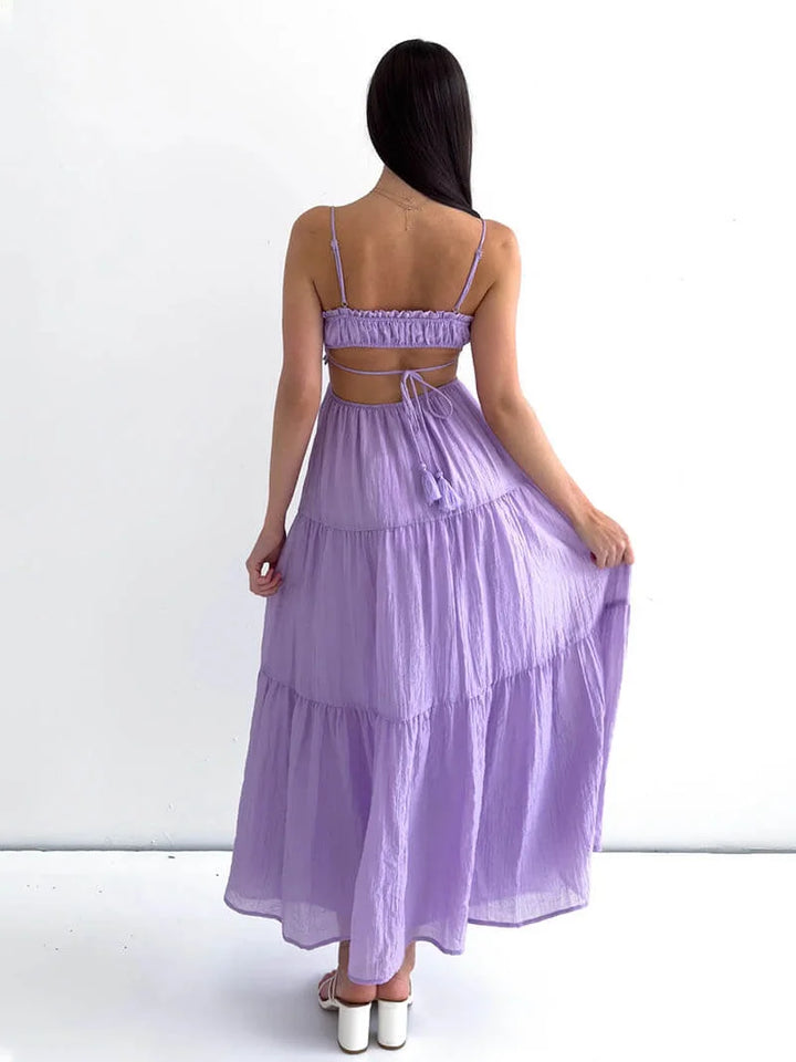 "Jo tiered maxi dress in light cotton with drawstring waist, perfect for a relaxed boho look."