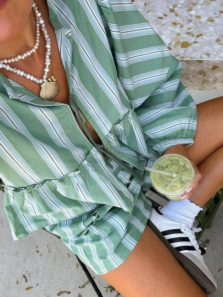 Green striped linen shorts and matching blouse summer outfit set by Maelee, perfect for a casual yet chic look.