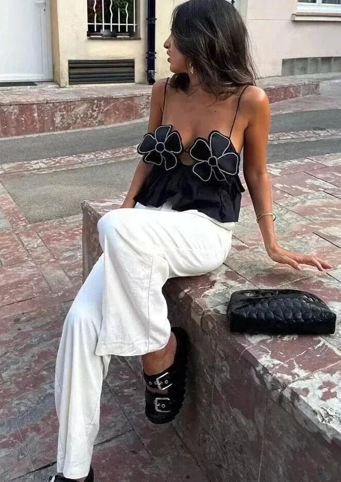 Floral applique crop top in white with intricate lace design and scalloped hem for women named Aryanna.