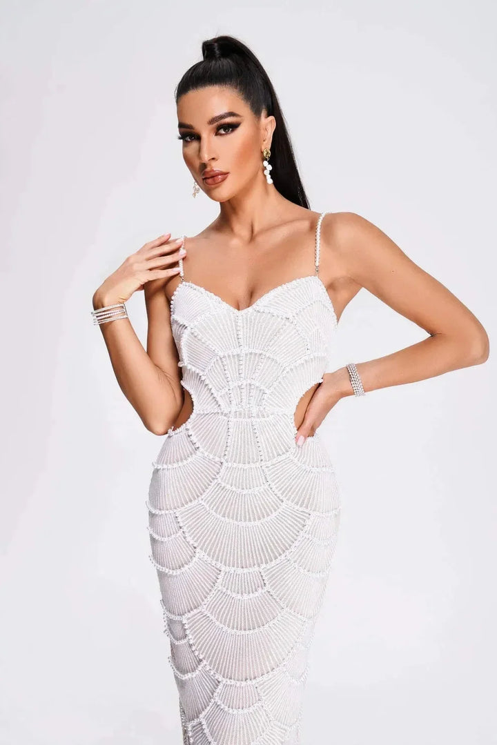 White sequined midi dress with spaghetti straps for women, perfect for special occasions.