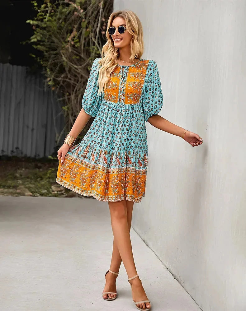 Laniyah mini dress in pinstripe linen blend, featuring an elastic waist and V-neck design. Casual and stylish for everyday…