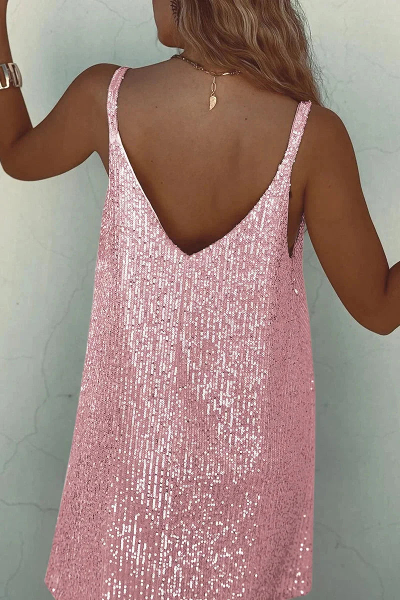 Sleeveless sequin romper with V-neckline in Aziza, featuring a sparkly design perfect for a glamorous night out.