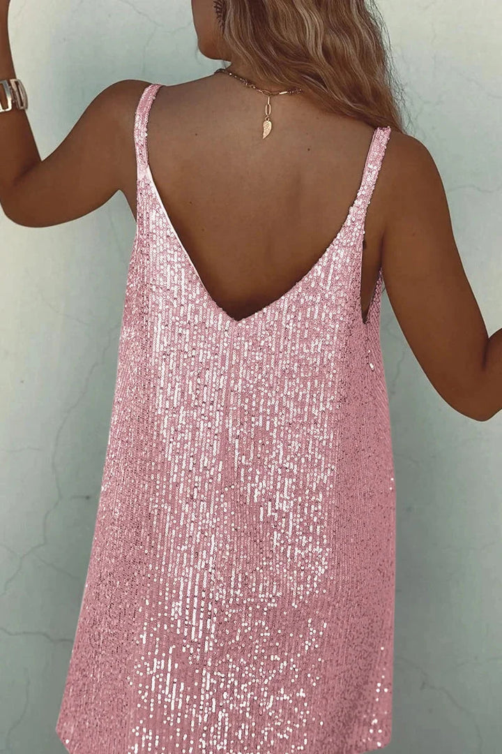 Sleeveless sequin romper with V-neckline in Aziza, featuring a sparkly design perfect for a glamorous night out.