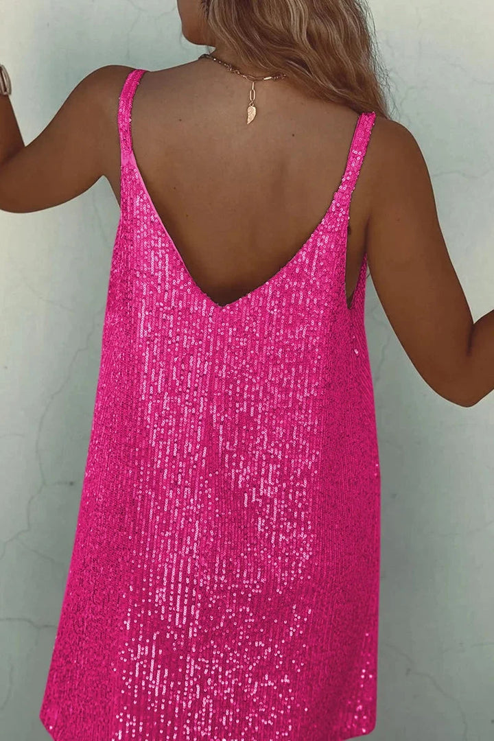 Black sleeveless romper with sequin detailing, V-neckline, and a flattering silhouette.