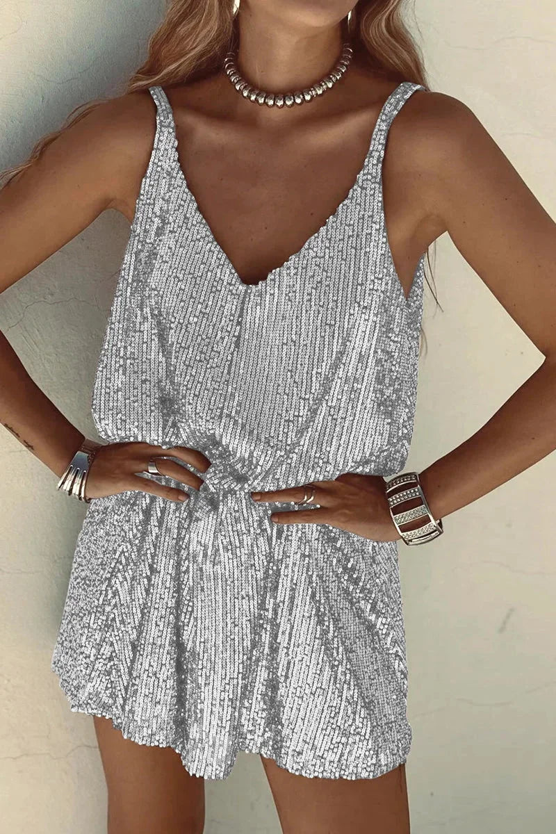 Stormy sequin sleeveless V-neck romper with a chic design, ideal for events or special occasions.