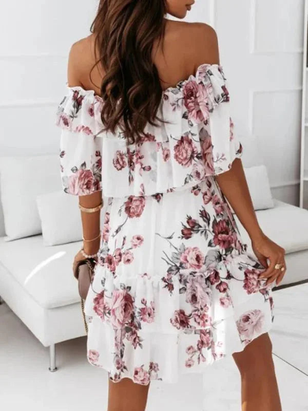 "Everest tiered floral mini dress with off-shoulder design made of lightweight fabric perfect for summer days."